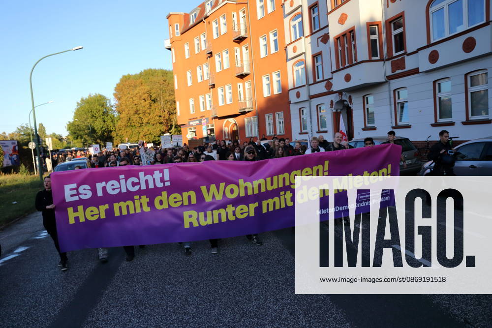 Protesters march down Friedrich Engels Street carrying a banner reading Enough is enough! Give us housing! Lower the rents! during a demonstration against the housing crisis and rising rents, Potsdam, October 10, 2026. Rent Protest in Potsdam