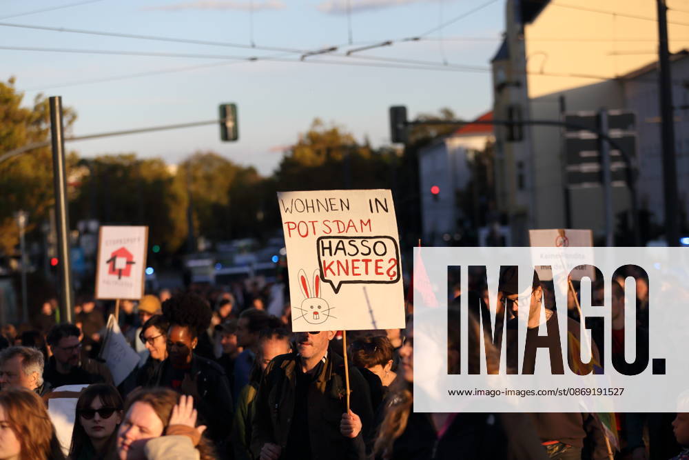 Protesters march down Friedrich Engels Street in Potsdam carrying a sign that reads Housing in Potsdam: Hasso Knete during a demonstration against the housing crisis and rising rents, Potsdam, October 10, 2026. Rent Protest in Potsdam