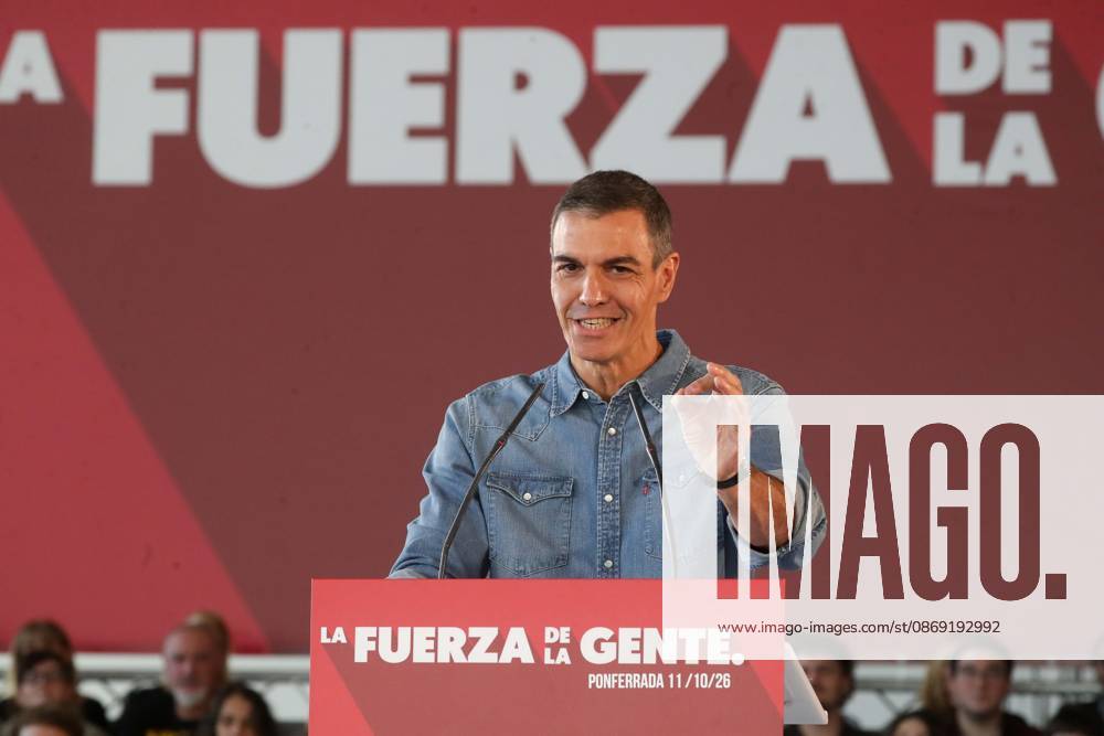 Pedro Sánchez Speaks at a Pre-Campaign Event in Ponferrada, León The Secretary-General of the PSOE and Prime Minister, Pedro Sánchez, during a PSOE pre-campaign event at La Térmica Cultural in Ponferrada on October 11, 2026, in Ponferrada, León, Castile and León, Spain. The Prime Minister and Secretary-General of the PSOE, Pedro Sánchez, kicked off the pre-campaign for the general election on November 29 this weekend with two events: on Saturday in Dos Hermanas, Seville, and today in Ponferrada, León, at the Térmica Cultural of the Energy Foundation, October 11, 2026, Ponferrada, León, Castile and León, Spain