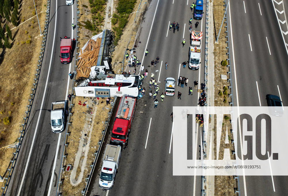 11 killed, 27 injured in tour bus crash in western Turkiye MANISA, TURKIYE - OCTOBER 11: An aerial view of the accident site after a tow truck and a tour bus collided in the Akhisar district of Manisa, Turkiye, on October 11, 2026. At least 11 people were killed and 27 others injured in the crash, with firefighters, police and medical teams dispatched to the scene. Mahmut Serdar Alakus Anadolu Manisa Turkey. Editorial use only. Please get in touch for any other usage.