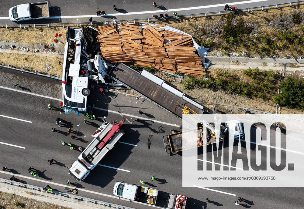 11 killed, 27 injured in tour bus crash in western Turkiye MANISA, TURKIYE - OCTOBER 11: An aerial view of the accident site after a tow truck and a tour bus collided in the Akhisar district of Manisa, Turkiye, on October 11, 2026. At least 11 people were killed and 27 others injured in the crash, with firefighters, police and medical teams dispatched to the scene. Mahmut Serdar Alakus Anadolu Manisa Turkey. Editorial use only. Please get in touch for any other usage.