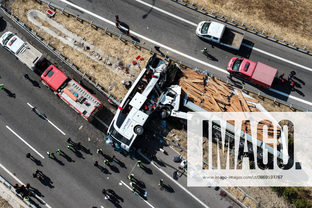 11 killed, 27 injured in tour bus crash in western Turkiye MANISA, TURKIYE - OCTOBER 11: An aerial view of the accident site after a tow truck and a tour bus collided in the Akhisar district of Manisa, Turkiye, on October 11, 2026. At least 11 people were killed and 27 others injured in the crash, with firefighters, police and medical teams dispatched to the scene. Mahmut Serdar Alakus Anadolu Manisa Turkey. Editorial use only. Please get in touch for any other usage.