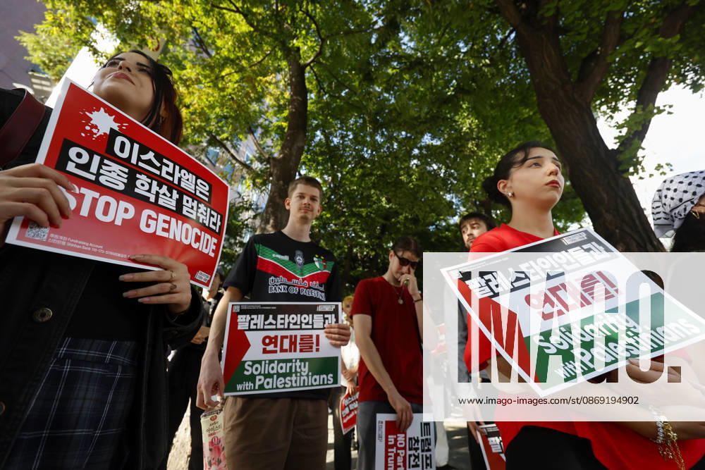Protest condemning Gaza conflict in Seoul Demonstrators march with placards to protest Israel s attacks in the Gaza Strip, in Seoul, South Korea, on October 11, 2026 . The rally was held aa part of the Global Action for Palestine, a coordinated international mobilization held on October 10 11 marking three years since the 2023 Hamas attacks and the ensuing war. Seoul South Korea