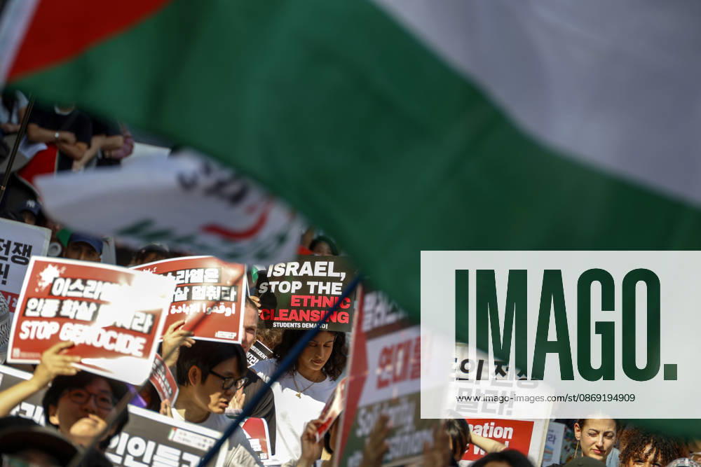 Protest condemning Gaza conflict in Seoul Demonstrators march with placards to protest Israel s attacks in the Gaza Strip, in Seoul, South Korea, on October 11, 2026 . The rally was held aa part of the Global Action for Palestine, a coordinated international mobilization held on October 10 11 marking three years since the 2023 Hamas attacks and the ensuing war. Seoul South Korea