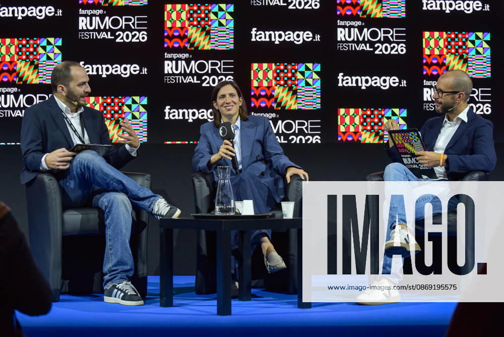 Fanpage.it Co-Director Adriano Biondi (L), Partito Democratico Secretary Elly Schlein (C), and Fanpage.it Director Francesco Cancellato (R) during an interview at the panel Faccia a Faccia con i politici during the Rumore Festival 2026 at Acquario Romano in Rome on October 11, 2026. Rome Italy - ZUMAn299 20261011_zip_n299_025