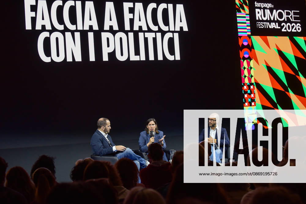 Fanpage.it Co-Director Adriano Biondi (L), Partito Democratico Secretary Elly Schlein (C), and Fanpage.it Director Francesco Cancellato (R) during an interview at the panel Faccia a Faccia con i politici during the Rumore Festival 2026 at Acquario Romano in Rome on October 11, 2026. Rome Italy - ZUMAn299 20261011_zip_n299_042