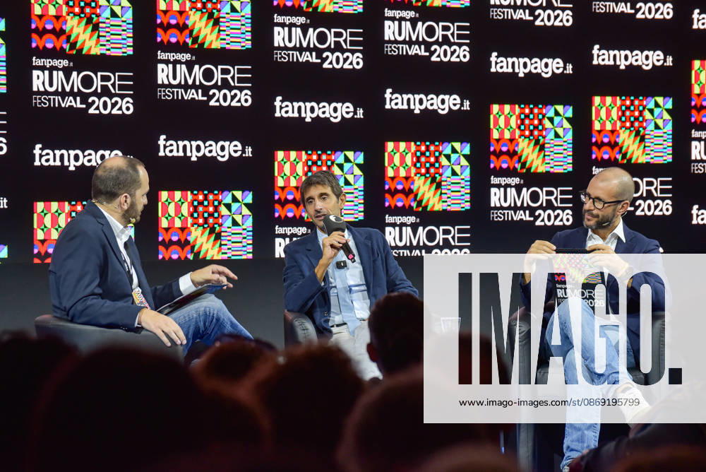 Fanpage.it Co-Director Adriano Biondi (L), Fratelli d Italia politician and MP Giovanni Donzelli (C), and Fanpage.it Director Francesco Cancellato (R) during an interview at the panel Faccia a Faccia con i politici during the Rumore Festival 2026 at Acquario Romano in Rome on October 11, 2026. Rome Italy - ZUMAn299 20261011_zip_n299_043