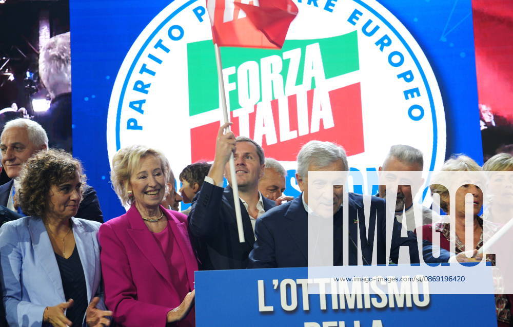 IPA89549786 - Milan, October 11, 2026, Forza Italia Event: L ottimismo della Volontà at the East End Studios on Via Mecenate, featuring Dolors Monserrrat, Lettizia Moratti, Matteo Perego, Antonio Tajani, and Stefania Crazi