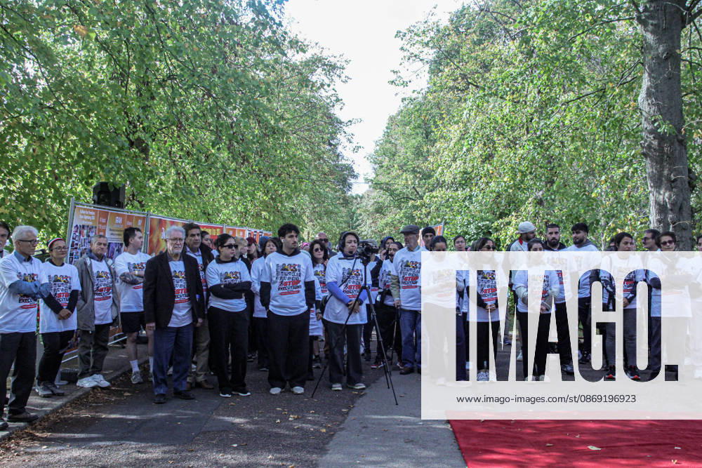 A large crowd of Iranian expatriates, human rights supporters, and community members gathers at Trent Park. Iranian exiles, human rights advocates, and veteran sports figures participated in the Run for Free Iran 5K event held at Trent Park in Cockfosters, North London, United Kingdom. Organized on the World Day Against the Death Penalty as part of a synchronized campaign across nine cities in Europe and Australia, the gathering protested against an alarming surge in political executions in Iran. London United Kingdom - ZUMAs197 20261010_aaa_s197_932