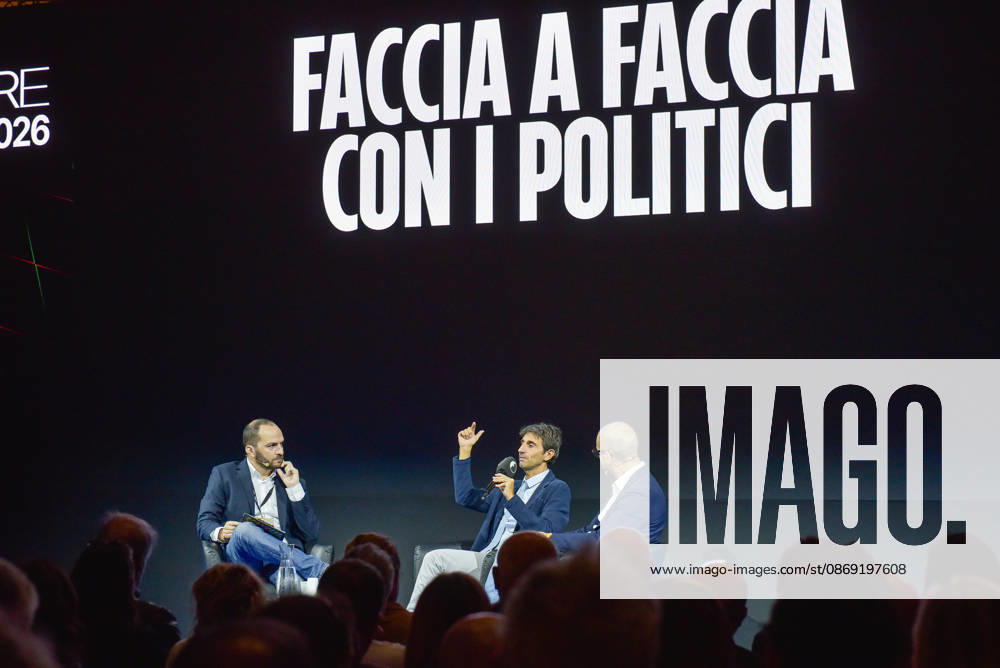 Political leaders Elly Schlein, Giuseppe Conte, Nicola Fratoianni, and Giovanni Donzelli take part in the panel Faccia a Faccia con i politici with Fanpage.it journalists during the Rumore Festival 2026 at Acquario Romano. - 11 Oct 2026 Fanpage.it Co-Director Adriano Biondi (L), Fratelli d Italia politician and MP Giovanni Donzelli (C), and Fanpage.it Director Francesco Cancellato (R) during an interview at the panel Faccia a Faccia con i politici during the Rumore Festival 2026 at Acquario Romano in Rome. Rome Italy