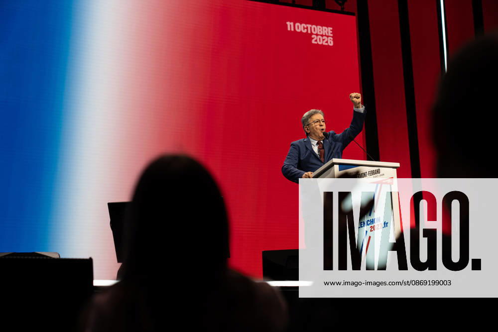 CLERMONT-FERRAND, FRANCE - OCTOBER 11, 2026: Jean-Luc Melenchon, leader of the far-left party La France Insoumise (LFI) and 2027 presidential candidate, delivers a speech during a major political rally at the Zenith d Auvergne in Clermont-Ferrand, France, on October 11, 2026. Around 10,000 supporters gathered at the venue to attend the campaign event. Clermont-Ferrand France - ZUMAa252 20261011_zip_a252_004