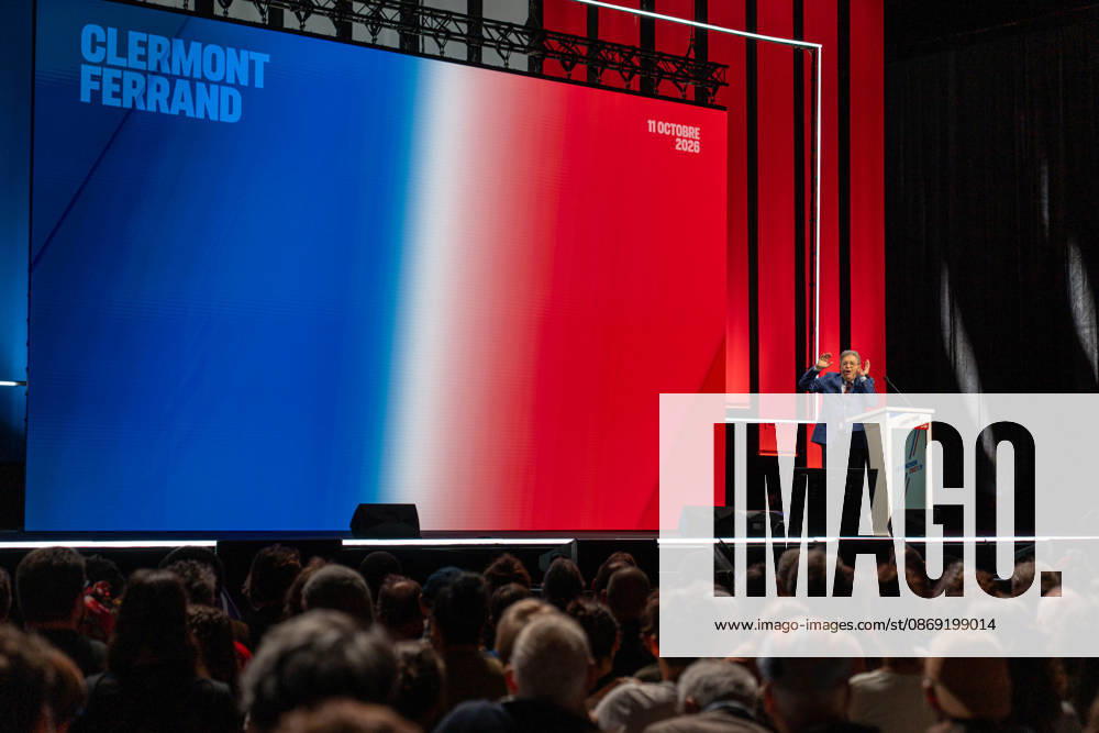 CLERMONT-FERRAND, FRANCE - OCTOBER 11, 2026: Jean-Luc Melenchon, leader of the far-left party La France Insoumise (LFI) and 2027 presidential candidate, delivers a speech during a major political rally at the Zenith d Auvergne in Clermont-Ferrand, France, on October 11, 2026. Around 10,000 supporters gathered at the venue to attend the campaign event. Clermont-Ferrand France - ZUMAa252 20261011_zip_a252_001