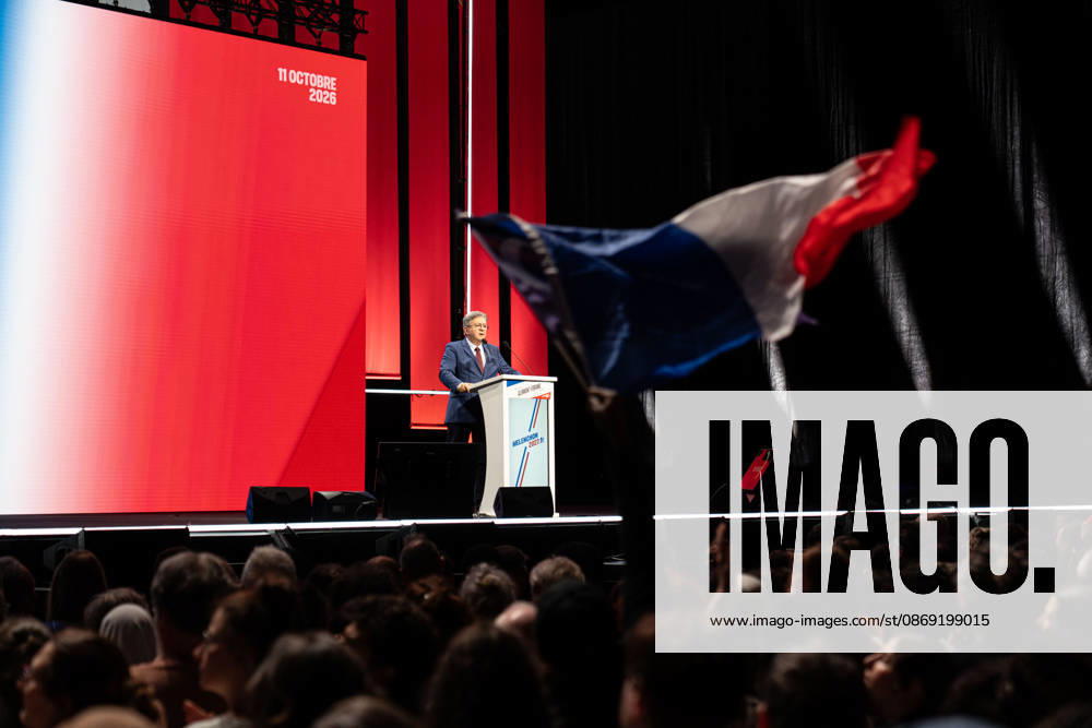 CLERMONT-FERRAND, FRANCE - OCTOBER 11, 2026: Jean-Luc Melenchon, leader of the far-left party La France Insoumise (LFI) and 2027 presidential candidate, delivers a speech during a major political rally at the Zenith d Auvergne in Clermont-Ferrand, France, on October 11, 2026. Around 10,000 supporters gathered at the venue to attend the campaign event. Clermont-Ferrand France - ZUMAa252 20261011_zip_a252_002