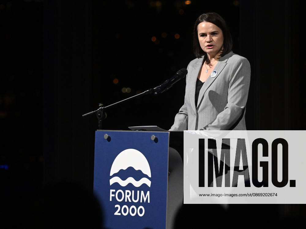 Belarusian opposition leader Sviatlana Tsikhanouskaya speaks at the opening of the 30th annual Forum 2000 conference in Prague, on October 11, 2026. (CTKxPhoto MichalxKrumphanzl) CTKPhotoP2026101106862 CTKPhotoP2026101106862