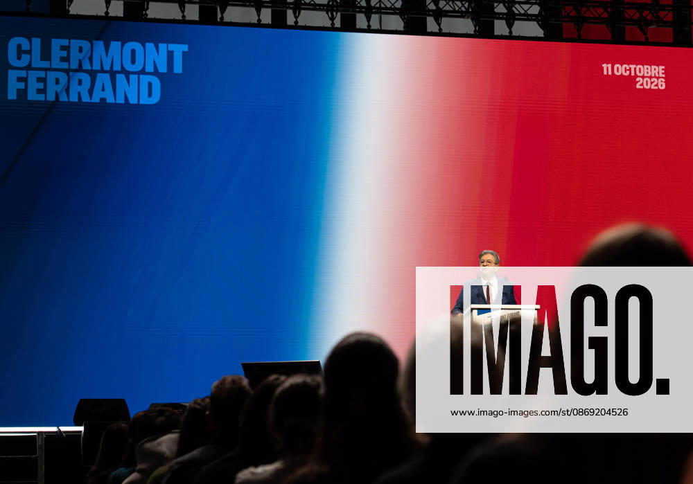 CLERMONT-FERRAND, FRANCE - OCTOBER 11, 2026: Jean-Luc Melenchon, leader of the far-left party La France Insoumise (LFI) and 2027 presidential candidate, delivers a speech during a major political rally at the Zenith d Auvergne in Clermont-Ferrand, France, on October 11, 2026. Around 10,000 supporters gathered at the venue to attend the campaign event. Clermont-Ferrand France - ZUMAa252 20261011_zip_a252_014
