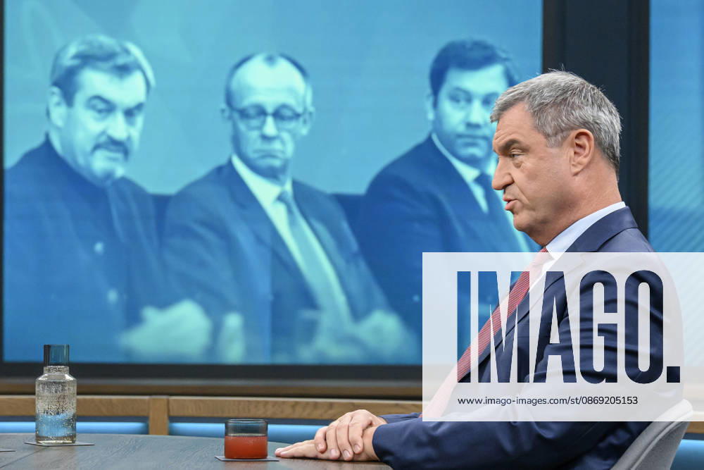 Pictured, from left: Markus Söder, Minister-President of Bavaria, CSU, GER; Berlin, studio; guest on Caren Miosga’s political talk show, TV program, Das Erste, from Studio 20 in Berlin-Adlershof, Topic: How will the government get out of the crisis, Mr. Söder, October 11, 2026,
