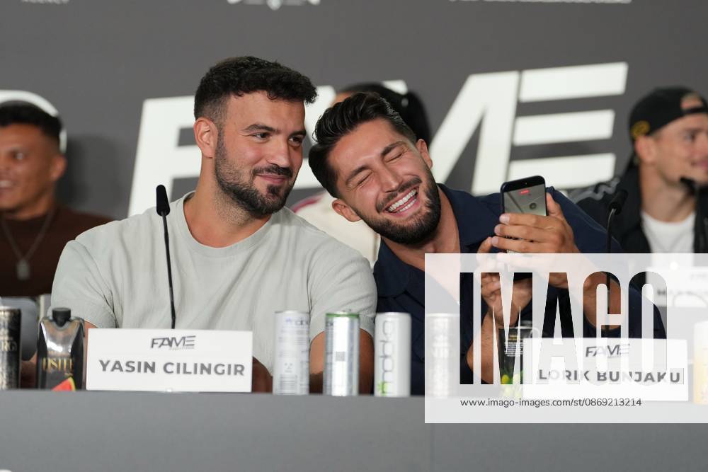 Fame Fighting 2026 Press Conference: Yasin Cilingir and Lorik Bunjaku at the press conference for the fourth edition of Fame Fighting Celebrity Boxing on October 11, 2026, at the Atlantic Hotel in Essen, North Rhine-Westphalia