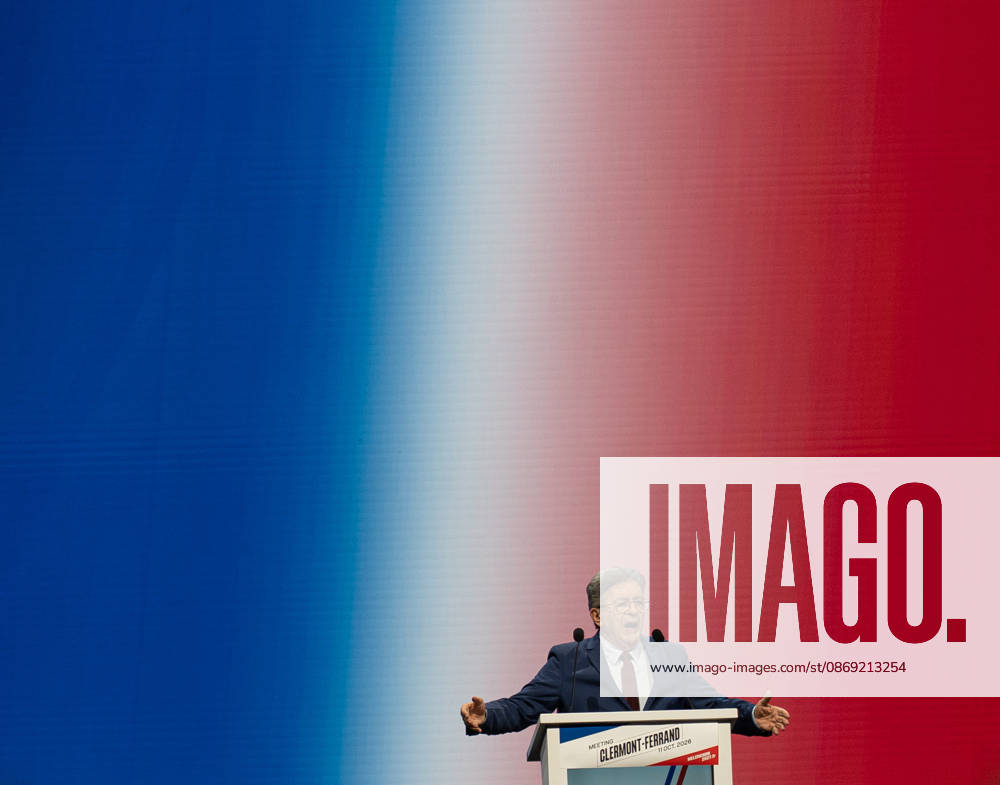 JEAN-LUC MELENCHON, leader of the far-left party La France Insoumise (LFI) and 2027 presidential candidate, delivers a speech during a major political rally at the Zenith d Auvergne. Around 10,000 supporters gathered at the venue to attend the campaign event. Clermont-Ferrand France - ZUMAa252 20261011_zip_a252_011
