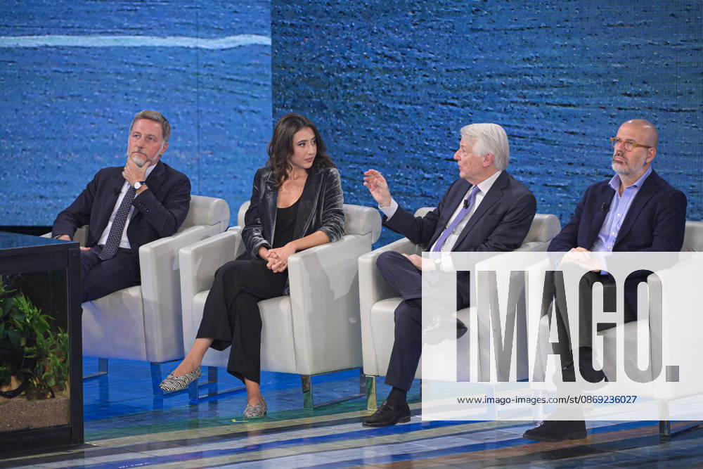 Photo by Mario Romano, IPP Milan, October 11, 2026. From the television show *Che Tempo Che Fa*. Pictured: Massimo Giannini, Cecilia Sala, Ferruccio De Bortoli, and Nello Scavo. Italy Photo Press World. Copyright *Che Tempo Che Fa*
