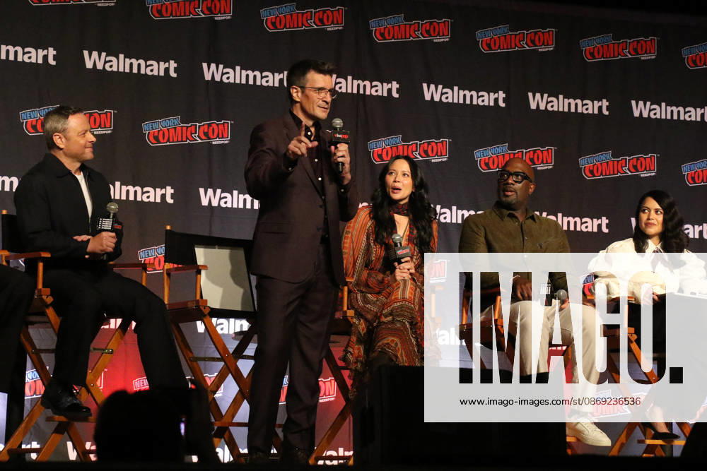 NEW YORK, NY- OCTOBER 11: Alexi Hawley, Nathan Fillion, Melissa O Neil, Richard T. Jones and Alyssa Diaz pictured at The Rookie panel during New York Comic Con 2026 at Javits Center on October 11, 2026 in New York City.