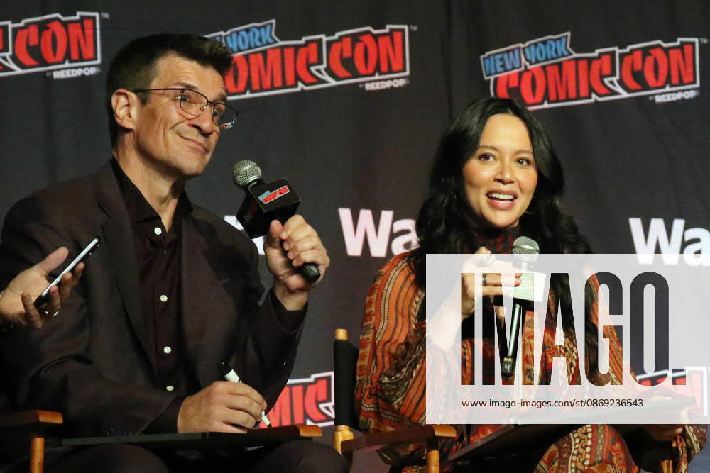 NEW YORK, NY- OCTOBER 11: Nathan Fillion and Melissa O Neil pictured at The Rookie panel during New York Comic Con 2026 at Javits Center on October 11, 2026 in New York City.