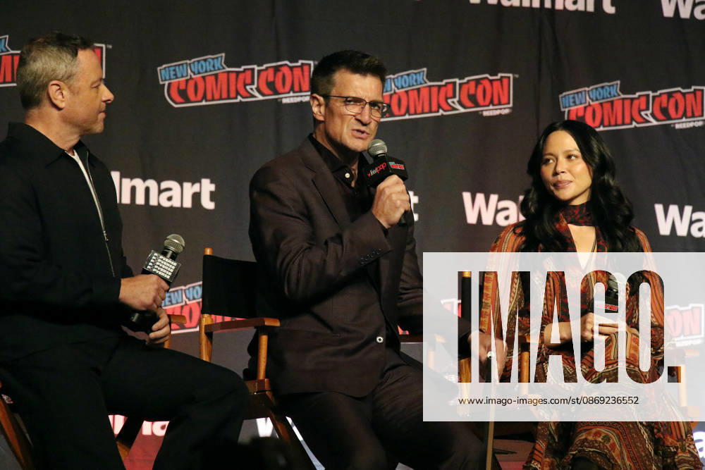 NEW YORK, NY- OCTOBER 11: Alexi Hawley, Nathan Fillion and Melissa ONeil pictured at The Rookie panel during New York Comic Con 2026 at Javits Center on October 11, 2026 in New York City.