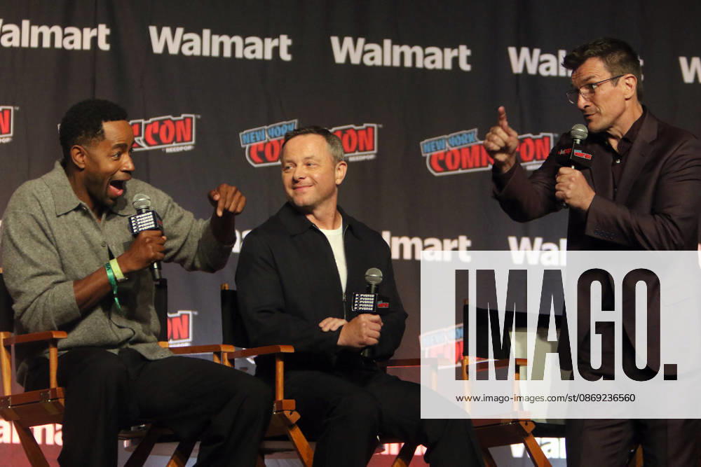 NEW YORK, NY- OCTOBER 11: Jay Ellis, Alexi Hawley and Nathan Fillion pictured at The Rookie panel during New York Comic Con 2026 at Javits Center on October 11, 2026 in New York City.