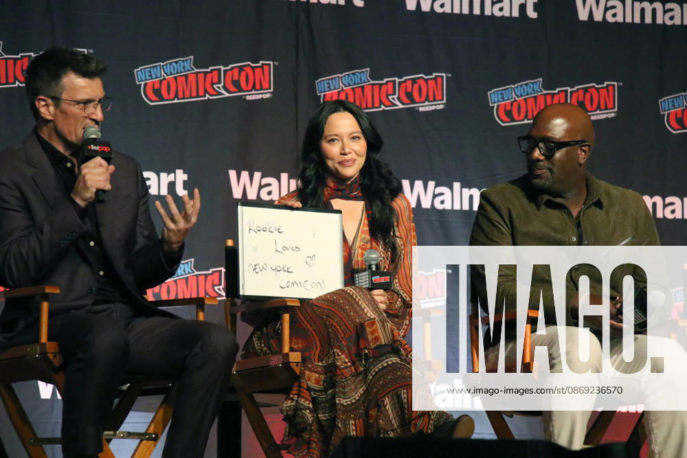 NEW YORK, NY- OCTOBER 11: Nathan Fillion, Melissa O Neil and Richard T. Jones pictured at The Rookie panel during New York Comic Con 2026 at Javits Center on October 11, 2026 in New York City.