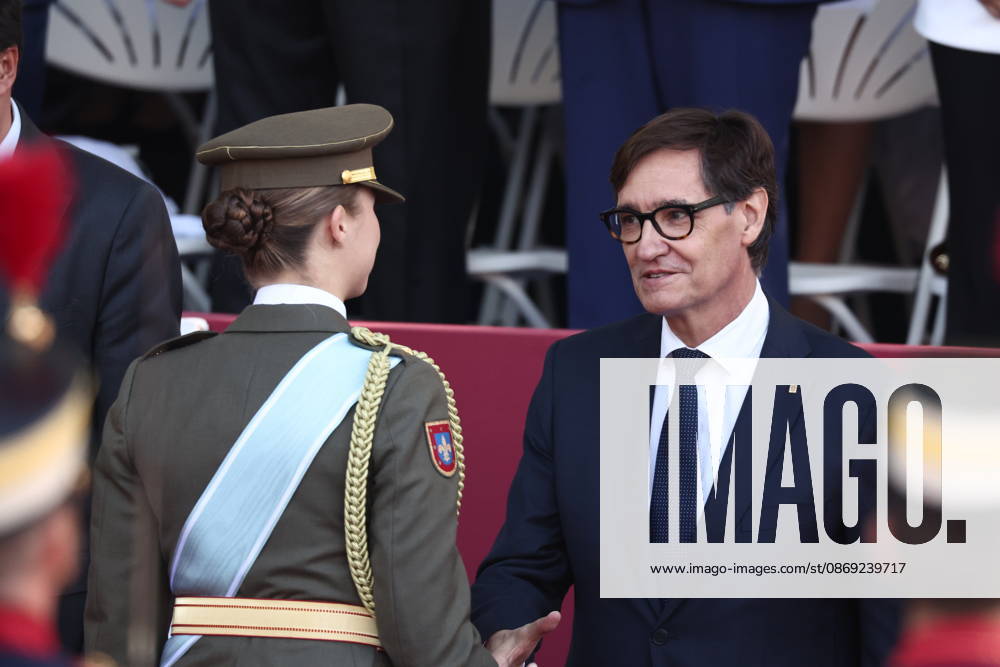 October 12 Parade for Hispanic Heritage Day: Princess Leonor greets the president of the Generalitat de Catalunya, Salvador Illa, during the solemn ceremony honoring the national flag and the military parade for October 12, Hispanic Heritage Day, in Plaza de Cánovas del Castillo, on October 12, 2026, in Madrid, Spain. The events begin with the raising of the flag and are followed by a tribute to those who gave their lives for the country. Subsequently, the military air and ground parades begin. Approximately 4,400 members of the Armed Forces, the security forces, and various civilian public institutions are participating this year in the parade presided over by the King and Queen. The aerial parade featured 50 fighter, training, and transp