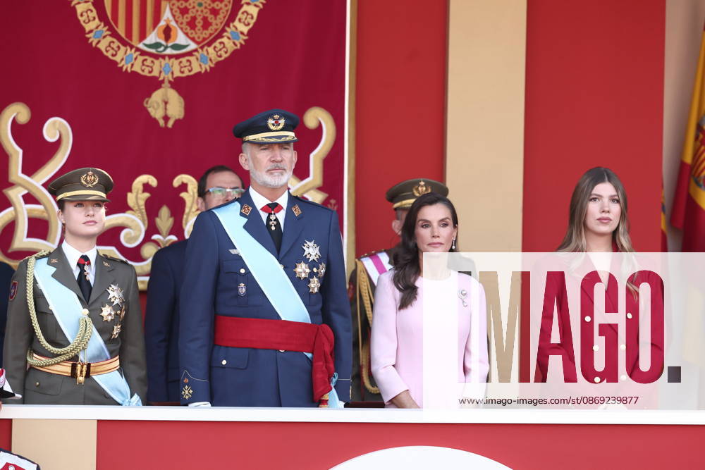 October 12 Parade for Hispanic Heritage Day I D Princess Leonor, King Felipe VI, Queen Letizia, and Infanta Sofía, during the solemn ceremony honoring the national flag and the military parade for October 12, Hispanic Heritage Day, in the Plaza de Cánovas del Castillo, on October 12, 2026, in Madrid, Spain. The ceremonies begin with the raising of the flag and are followed by a tribute to those who gave their lives for the country. Subsequently, the military air and ground parades begin. Approximately 4,400 members of the Armed Forces, the security forces, and various civilian public institutions are participating this year in the parade presided over by the King and Queen. The aerial parade featured 50 fighter, training, and transport air