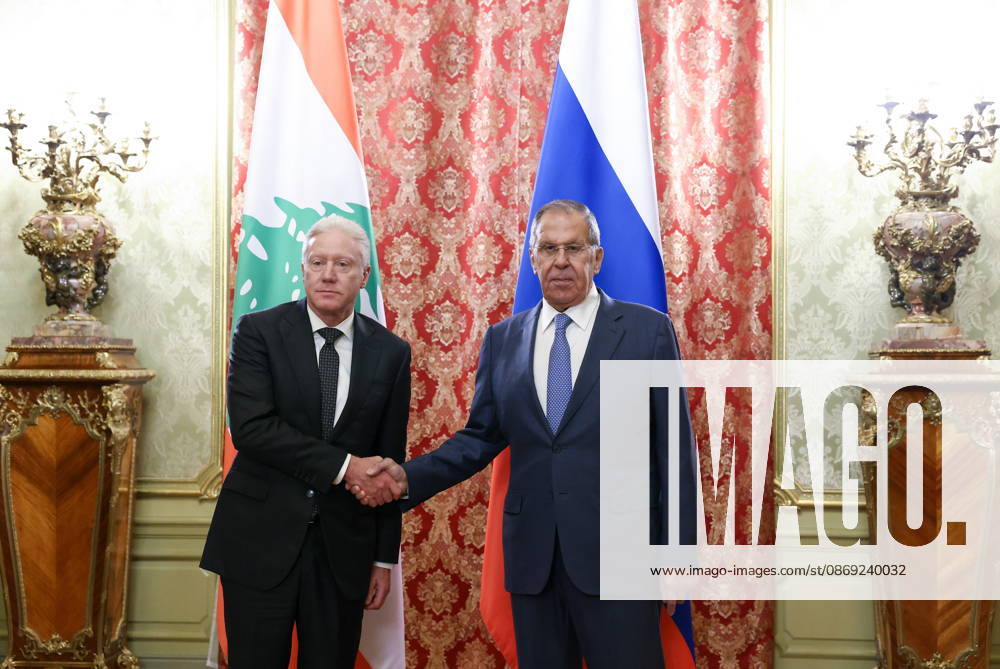 RUSSIA, MOSCOW - OCTOBER 12, 2026: Youssef Rajji (L), Lebanon s Minister of Foreign Affairs and Emigrants, and Sergei Lavrov, Russia s Foreign Minister, shake hands during a meeting at the Reception House of the Foreign Ministry. Artyom Geodakyan TASS 99172169