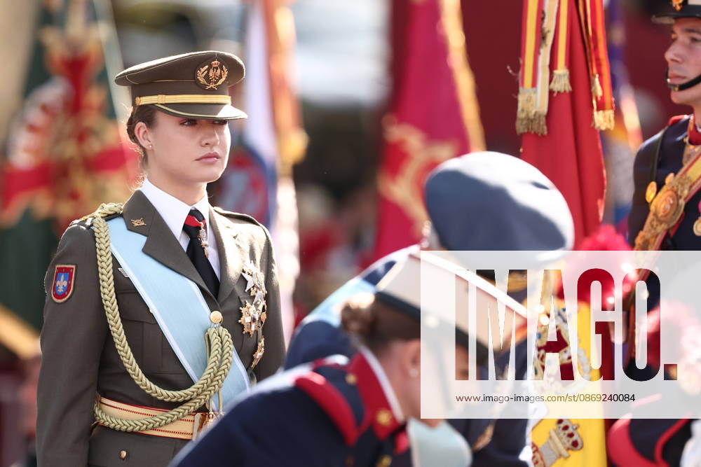 October 12 Parade for Hispanic Heritage Day Princess Leonor during the solemn ceremony honoring the national flag and the military parade on October 12, Hispanic Heritage Day, in Plaza de Cánovas del Castillo, on October 12, 2026, in Madrid, Spain. The events begin with the raising of the flag and are followed by a tribute to those who gave their lives for the country. Subsequently, the military air and ground parades begin. Approximately 4,400 members of the Armed Forces, the security forces, and various civilian public institutions are participating this year in the parade presided over by the King and Queen. The aerial parade featured 50 fighter, training, and transport aircraft, as well as around 30 helicopters. On the ground, some 144
