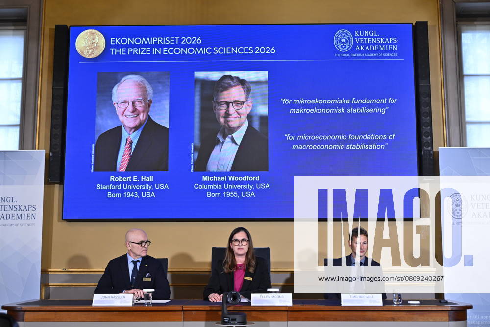 Robert E. Hall and Michael Woodford are announced as the laureates of the Sveriges Riksbank Prize in Economic Sciences in Memory of Alfred Nobel at the Royal Swedish Academy of Sciences in Stockholm, Sweden, on October 12, 2026 STOCKHOLM SWEDEN