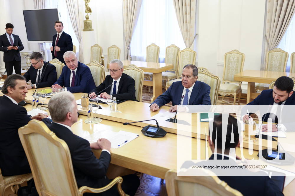 RUSSIA, MOSCOW - OCTOBER 12, 2026: Sergei Lavrov (2nd R back), Russia s Foreign Minister, attends a meeting with Youssef Rajji, Lebanon s Minister of Foreign Affairs and Emigrants, at the Reception House of the Foreign Ministry. Artyom Geodakyan TASS 99172871