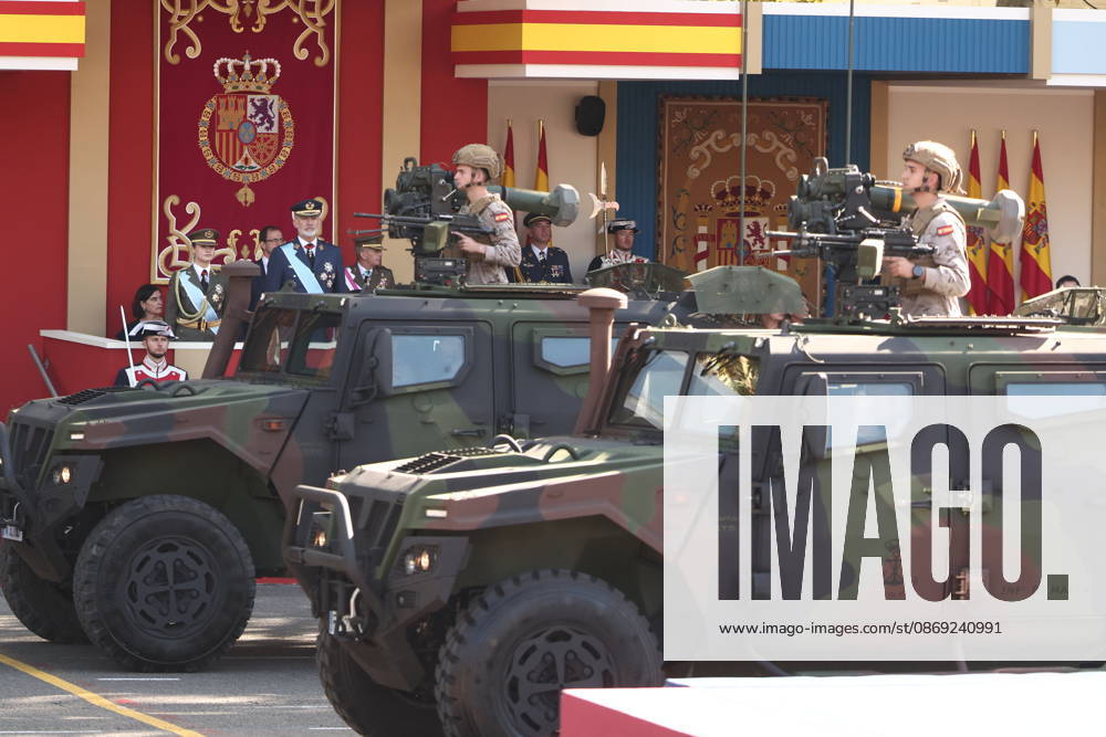 October 12 Parade for Hispanic Heritage Day Vehicles from the State Security Forces during the solemn ceremony honoring the national flag and the military parade on October 12, Hispanic Heritage Day, in Plaza de Cánovas del Castillo, on October 12, 2026, in Madrid, Spain. The events begin with the raising of the flag and are followed by a tribute to those who gave their lives for the country. Subsequently, the military air and ground parades begin. Approximately 4,400 members of the Armed Forces, the security forces, and various civilian public institutions are participating this year in the parade presided over by the King and Queen. The aerial parade featured 50 fighter, training, and transport aircraft, as well as around 30 helicopters.