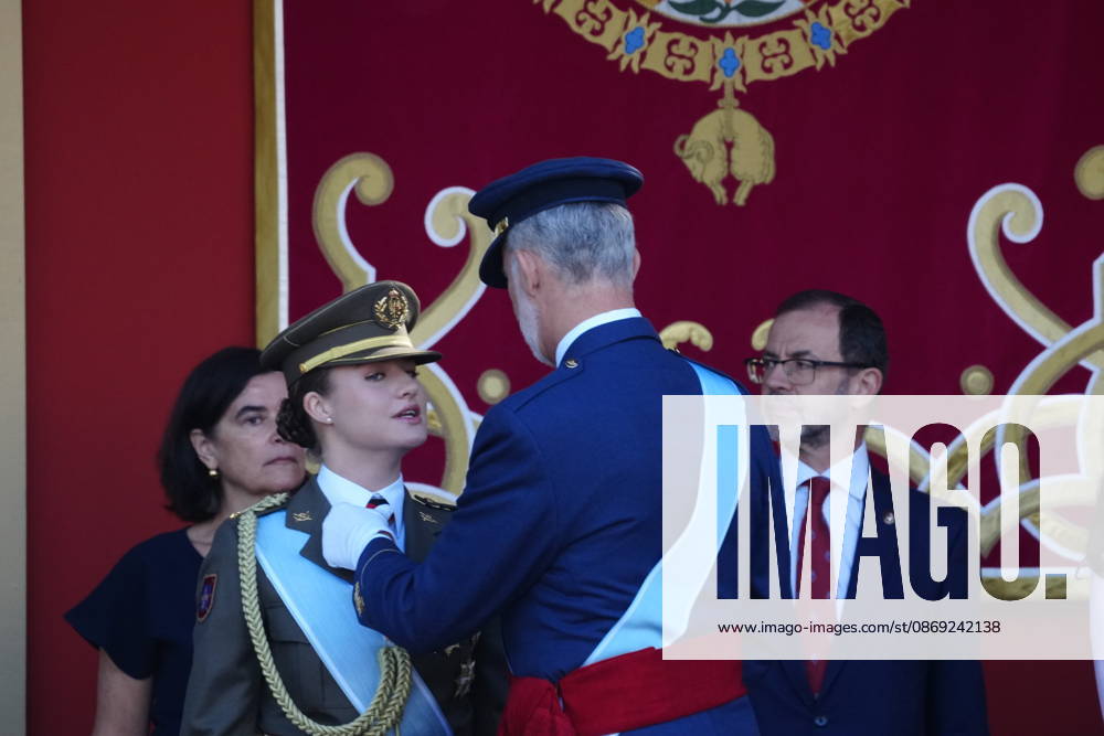 Madrid Princess Leonor and King Felipe attend the tribute ceremony to the national flag and the military parade during the National Day, Dia de la Hispanidad, at Plaza de Canovas del Castillo in Madrid. No Spain Â