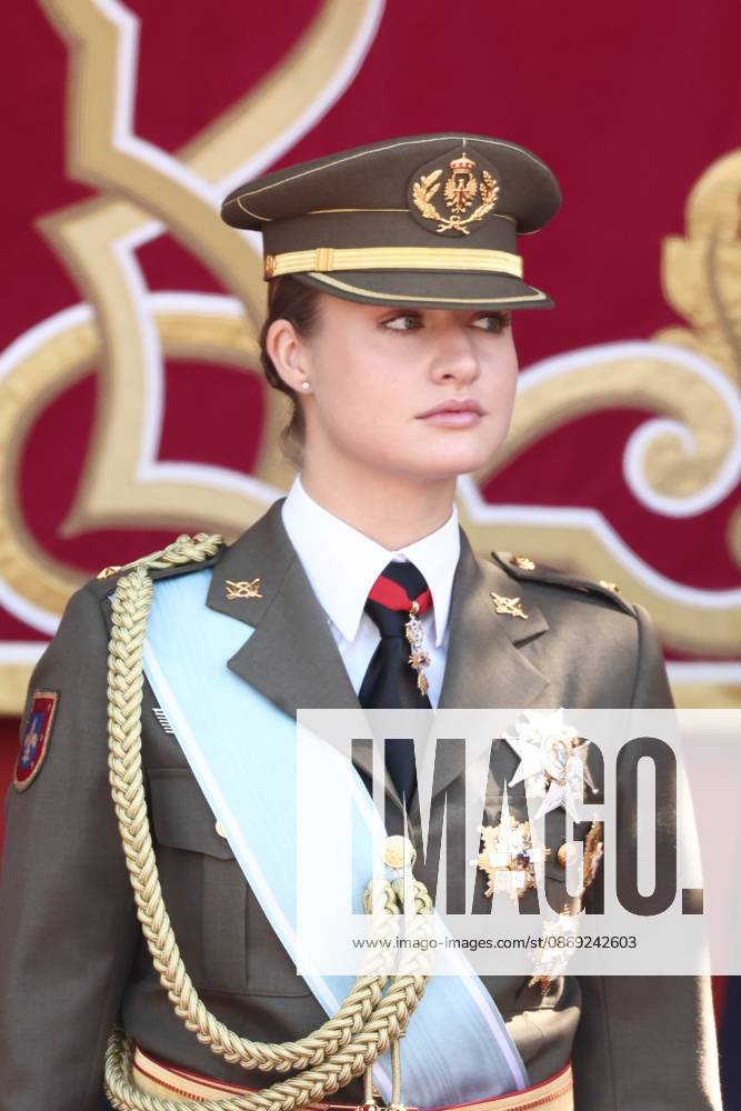 October 12 Parade for Hispanic Heritage Day Princess Leonor during the solemn ceremony honoring the national flag and the military parade for October 12, Hispanic Heritage Day, in Plaza de Cánovas del Castillo, on October 12, 2026, in Madrid, Spain. The events begin with the raising of the flag and are followed by a tribute to those who gave their lives for the country. Subsequently, the military air and ground parades begin. Approximately 4,400 members of the Armed Forces, the security forces, and various civilian public institutions are participating this year in the parade presided over by the King and Queen. The aerial parade featured 50 fighter, training, and transport aircraft, as well as around 30 helicopters. On the ground, some 14