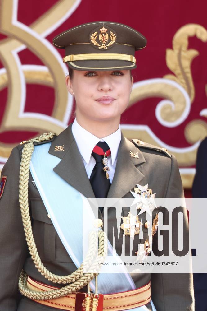 October 12 Parade for Hispanic Heritage Day Princess Leonor during the solemn ceremony honoring the national flag and the military parade for October 12, Hispanic Heritage Day, in Plaza de Cánovas del Castillo, on October 12, 2026, in Madrid, Spain. The events begin with the raising of the flag and are followed by a tribute to those who gave their lives for the country. Subsequently, the military air and ground parades begin. Approximately 4,400 members of the Armed Forces, the security forces, and various civilian public institutions are participating this year in the parade presided over by the King and Queen. The aerial parade featured 50 fighter, training, and transport aircraft, as well as around 30 helicopters. On the ground, some 14