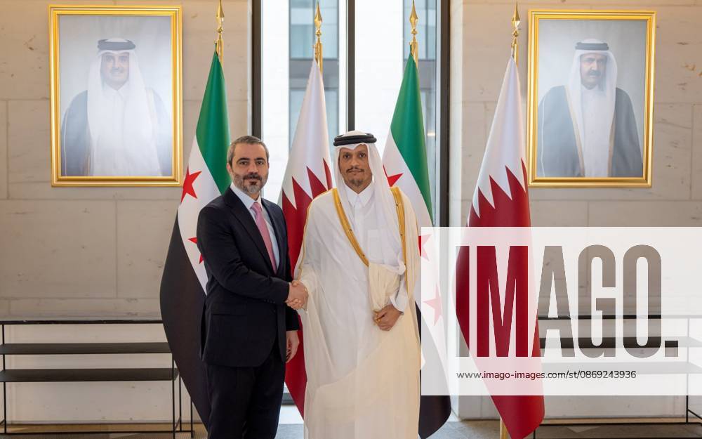 Mohammed bin Abdulrahman Al Thani - Asaad Hassan al-Shaibani meeting in Doha DOHA, QATAR - OCTOBER 12: (---- - MANDATORY CREDIT - SYRIAN FOREIGN MINISTRY HANDOUT - NO MARKETING NO ADVERTISING CAMPAIGNS - DISTRIBUTED AS A SERVICE TO CLIENTS----) Qatar s Prime Minister and Minister of Foreign Affairs Mohammed bin Abdulrahman Al Thani meets with Syrian Foreign Minister Asaad Hassan al-Shaibani in Doha, Qatar, on October 12, 2026, to discuss regional developments and bilateral relations. Syrian Foreign Ministry Handout Anadolu Doha Qatar. Editorial use only. Please get in touch for any other usage.