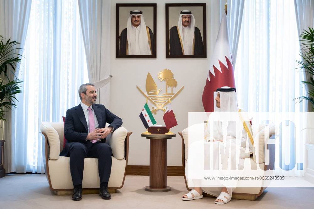Mohammed bin Abdulrahman Al Thani - Asaad Hassan al-Shaibani meeting in Doha DOHA, QATAR - OCTOBER 12: (---- - MANDATORY CREDIT - SYRIAN FOREIGN MINISTRY HANDOUT - NO MARKETING NO ADVERTISING CAMPAIGNS - DISTRIBUTED AS A SERVICE TO CLIENTS----) Qatar s Prime Minister and Minister of Foreign Affairs Mohammed bin Abdulrahman Al Thani meets with Syrian Foreign Minister Asaad Hassan al-Shaibani in Doha, Qatar, on October 12, 2026, to discuss regional developments and bilateral relations. Syrian Foreign Ministry Handout Anadolu Doha Qatar. Editorial use only. Please get in touch for any other usage.