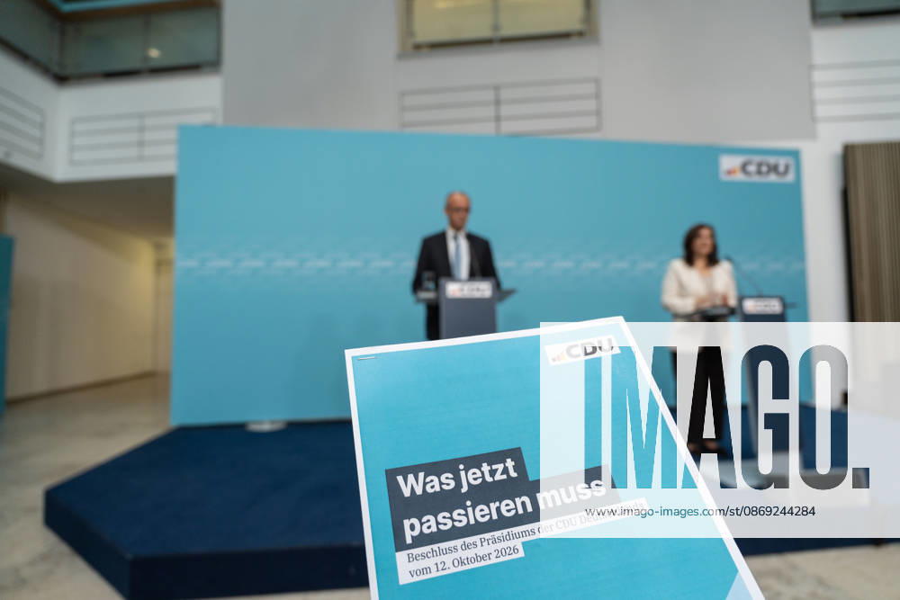 Chancellor Friedrich Merz at the closing press conference, with Franziska Hoppermann, Secretary General of the CDU Germany Executive Committee Retreat in Berlin, October 2026, Berlin, Berlin, Germany, Konrad Adenauer House