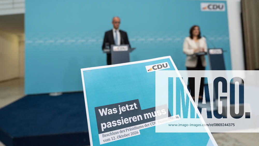 Chancellor Friedrich Merz at the closing press conference, with Franziska Hoppermann, Secretary General of the CDU Germany Executive Committee Retreat in Berlin, October 2026, Berlin, Berlin, Germany, Konrad Adenauer House