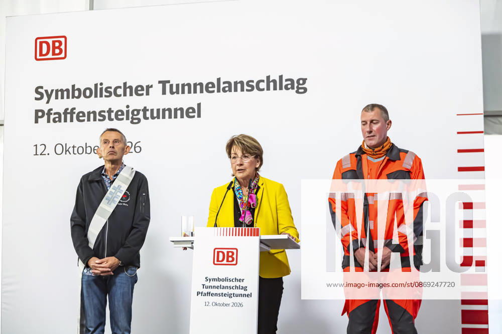 Construction Begins on the Pfaffensteig Tunnel in Stuttgart: Tunnel patron Andrea Klett Eininger with S21 chaplain Peter Maile and tunnel foreman Jens Straube. The 11-kilometer-long rail tunnel is part of the Stuttgart 21 pr