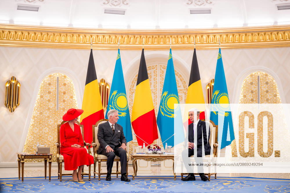 Belgian Royal Couple s State Visit to Central Asia - Day 2 - Kazakhstan King Philippe of Belgium and Queen Mathilde attend an official welcome ceremony at the presidential palace in Astana, Kazakhstan on October 12, 2026, during the first day of their official visit, greeted by President Kassym-Jomart Tokayev. Photo by Olivier Polet ABACAPRESS.COM Astana Kazakhstan