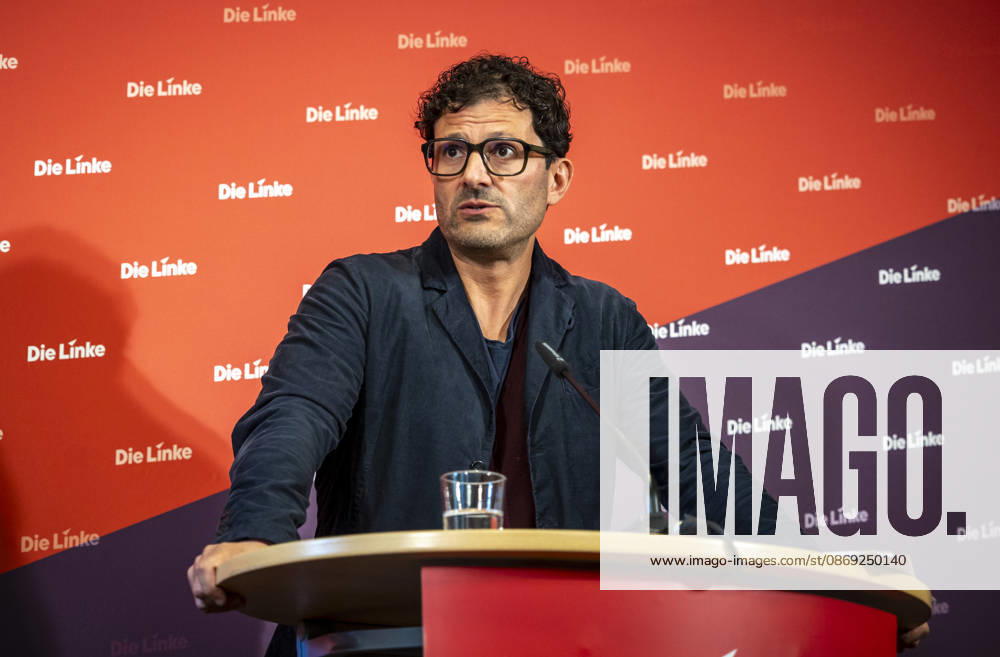 Luigi Pantisano, Chair of Die Linke, photographed at a press conference at the Karl Liebknecht House in Berlin, Germany
