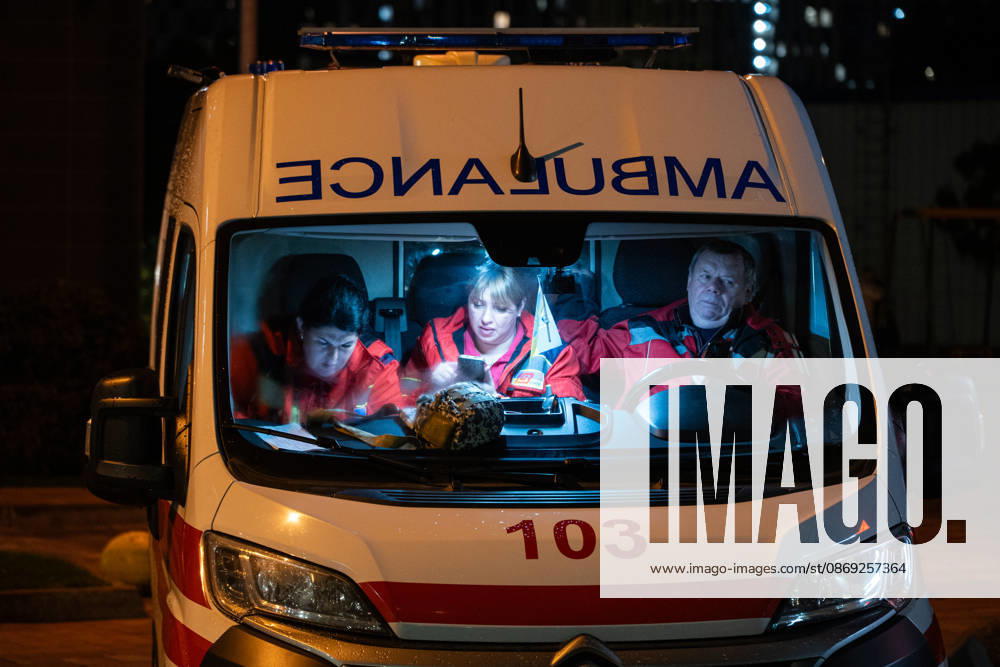 1 killed and 11 wounded in a Russian drone strike in Kyiv KYIV, UKRAINE - OCTOBER 12: Paramedics are seen inside an ambulance car after helping injured people at the site of the Russian drone strike in Kyiv on October 12 2026. According to the statement made by mayor of Kyiv Vitalii Klychko, 1 person was killed and 11 were wounded during this attack on Ukraine s capital. Danylo Antoniuk Anadolu Kyiv Ukraine. Editorial use only. Please get in touch for any other usage.