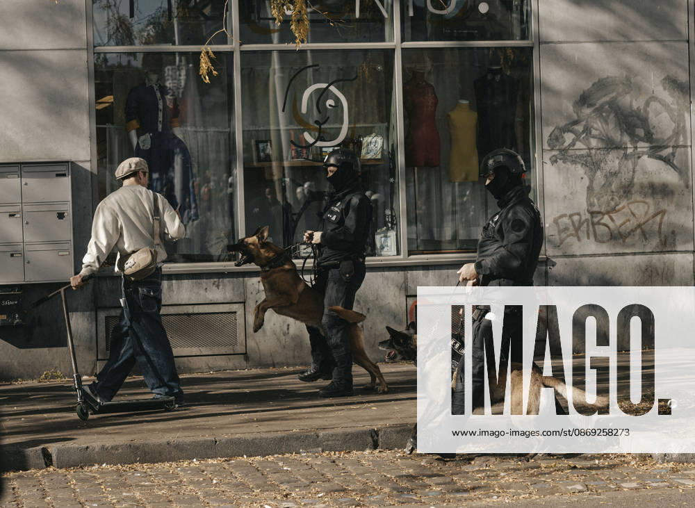 Brussels Belgium Protest Police officers with K9 units patrol a street during a protest in Brussels, Belgium on October 12, 2026. Protesters and trade union members stage demonstrations and clash with police during a nationwide public-sector strike against government austerity measures, budget cuts, and reform plans in Brussels, Belgium. Brussels Brussels Capital Belgium