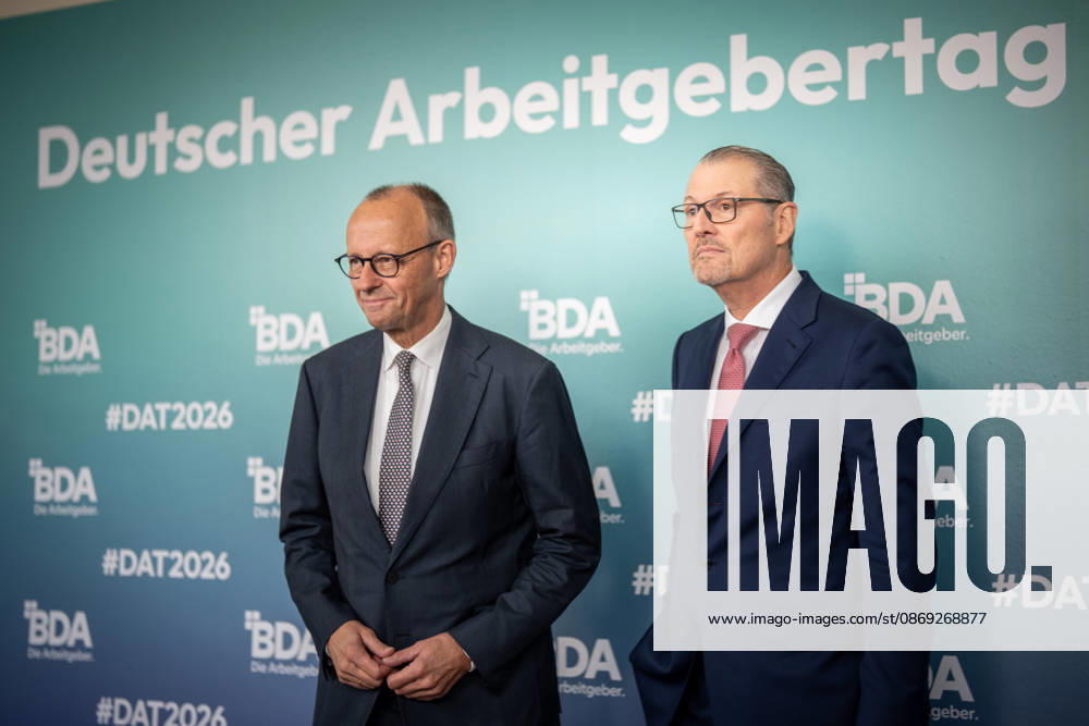 Chancellor Friedrich Merz is welcomed by Rainer Dulger, President of the Confederation of German Employers Associations (BDA), at the start of the 2026 German Employers Day, hosted by the Confederation of German Employers Associations (BDA), Berlin, Germany, at the Berlin Congress Center (bcc)