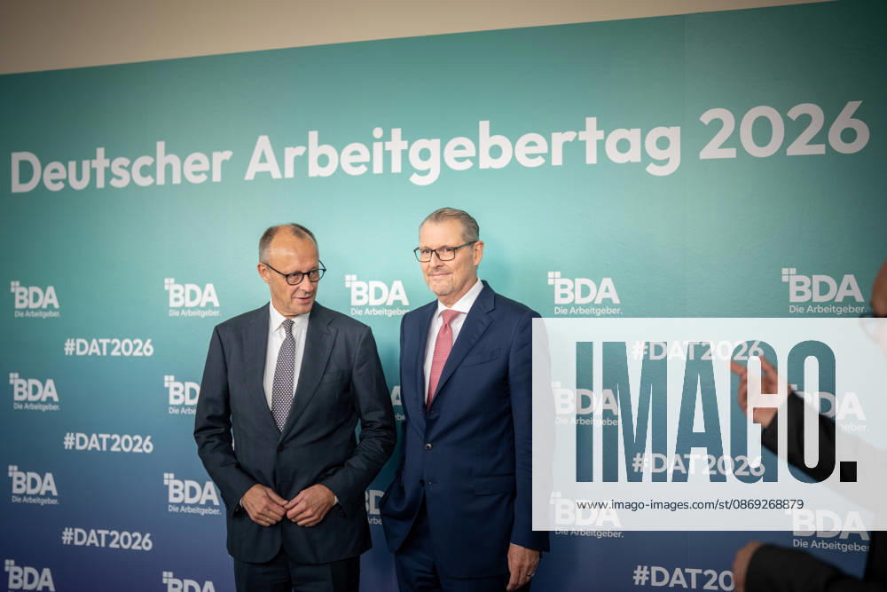 Chancellor Friedrich Merz is welcomed by Rainer Dulger, President of the Confederation of German Employers Associations (BDA), at the start of the 2026 German Employers Day, hosted by the Confederation of German Employers Associations (BDA), Berlin, Germany, at the Berlin Congress Center (bcc)