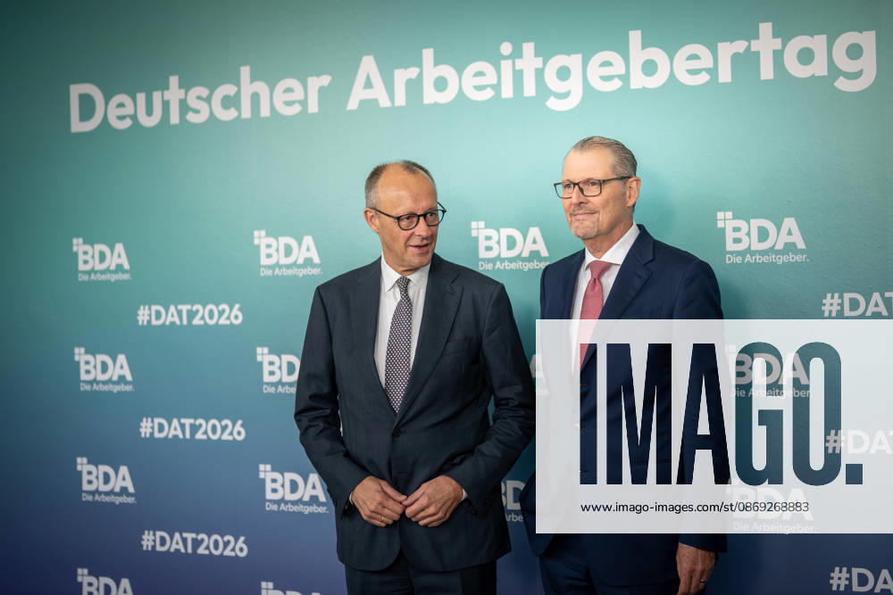 Chancellor Friedrich Merz is welcomed by Rainer Dulger, President of the Confederation of German Employers Associations (BDA), at the start of the 2026 German Employers Day, hosted by the Confederation of German Employers Associations (BDA), Berlin, Germany, at the Berlin Congress Center (bcc)